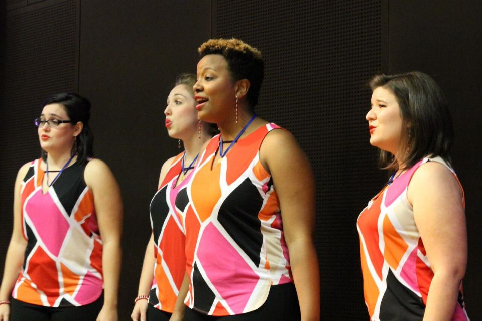 Image: The C’Est La Vie quartet, all young women who are ASU students, sang the barbershop style arrangement of 'For Good' from 'Wicked' at the conference. / Photo by Jennifer Russum