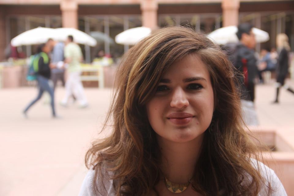 Mollie Connelly in front of one of her favorite campus spots: the library. / Photo by ASU Now