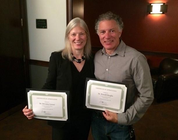 ASU English faculty Devoney Looser and Ron Broglio received "Champion Mentor" awards at the Connected Academics annual dinner. / Photo by Eric Wertheimer