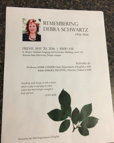 Image of program from Debra Schwartz memorial, May 2016. / Photo by Rabbi Tiechtel.