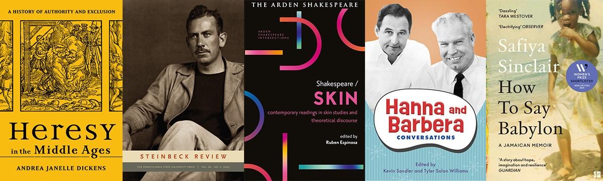 Covers of books and journals by Andrea Dickens, Kathleen Hicks, Ruben Espinosa, Kevin Sandler and Safiya Sinclair