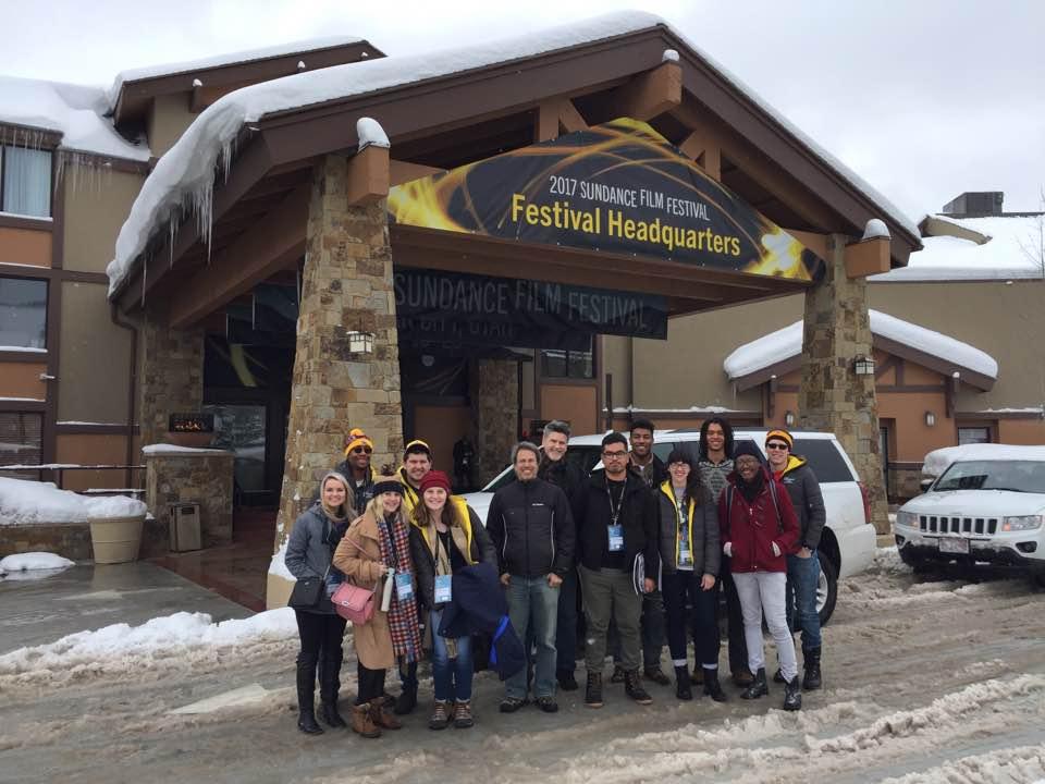 Sundance 2017 interns and faculty mentors pose outside festival headquarters. Photo courtesy Kevin Sandler.