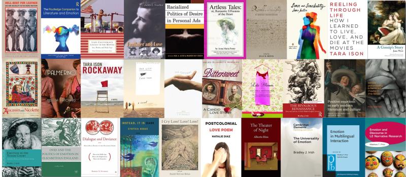 A collage of book covers, written or edited by ASU Department of English faculty, that cover aspects of love or emotion.