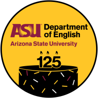 Circular image with the ASU Department of English logo and a stylized 125th birthday cake. Graphic design by Ashley Sorensen.
