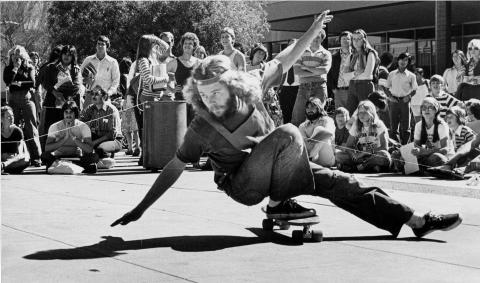An example of true '70s style on the ASU campus. "Student demonstrates a new craze - the skateboard." Photo from ASU Libraries. UP UPC ASUG S882 1970s #9.
