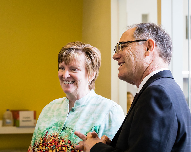 New ASU English chair Krista Ratcliffe talks with other ASU faculty and staff at the Ross-Blakley Hall open house on October 31, 2017 / Photo by Bruce Matsunaga