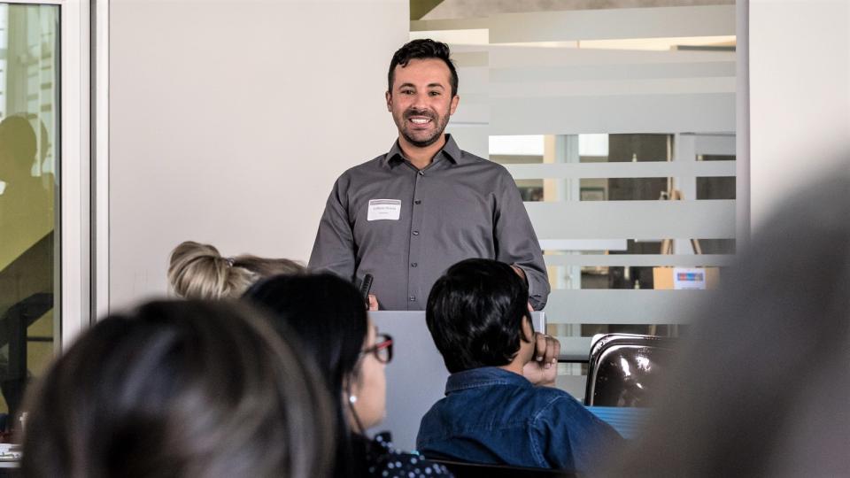 Image of Gilberto Pereira speaking at the 50 Years of MTESOL Conference in 2019 / Photo by Bruce Matsunaga