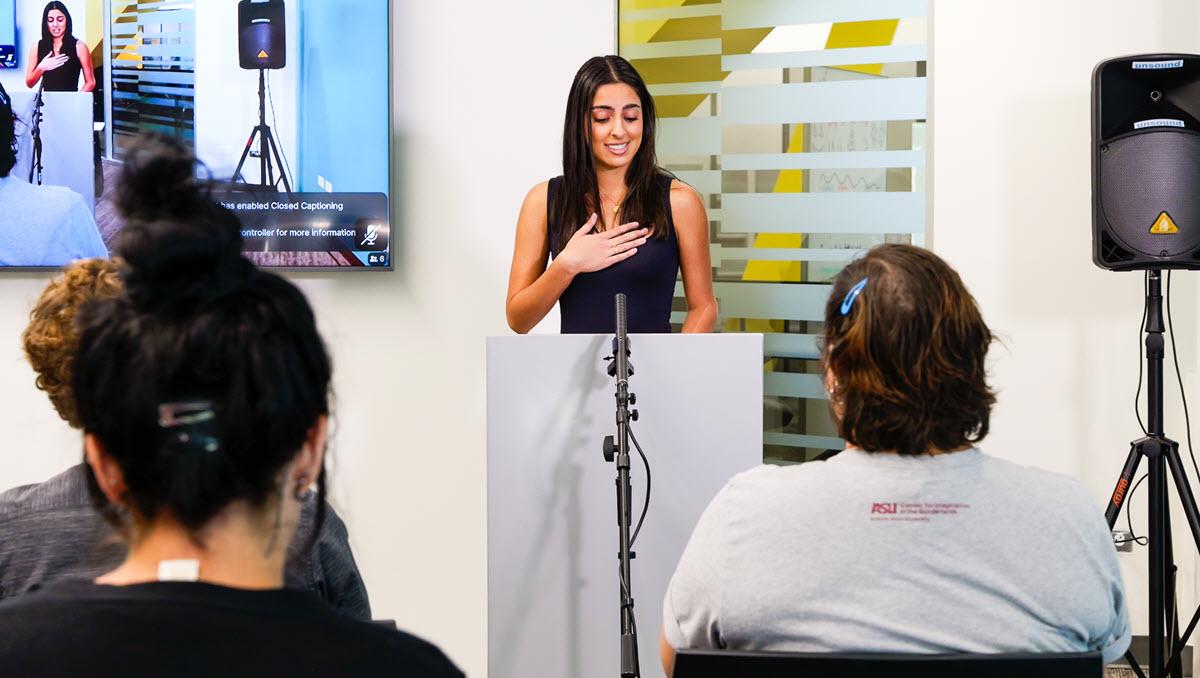 ASU student Ava Ashtiani reads from her award-winning piece / Photo by Ashley Sorensen/ASU