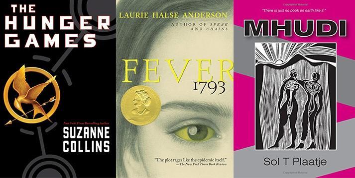 Covers of The Hunger Games, Fever 1793, and Mhudi, books from which Plunkett drew inspiration over this pandemic year.