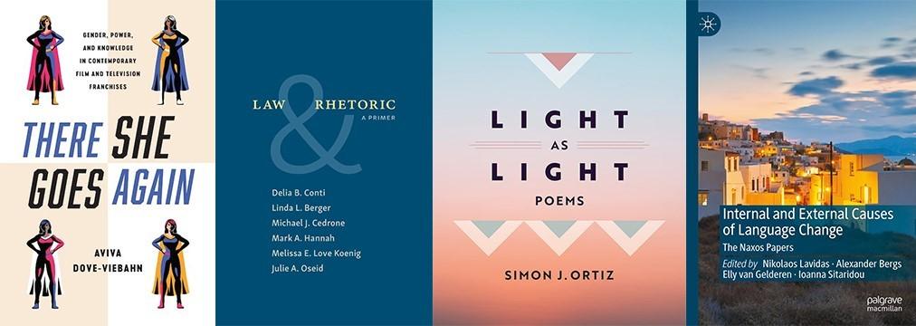 Covers of books by Aviva Dove-Viebahn, Mark Hannah, Simon Ortiz and Elly van Gelderen.