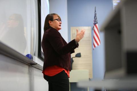 Jacqueline Wernimont teaches her spring 2016 class, ENG/FMS 494: "Possible Worlds in Literature and Video Games." Photo by Bruce Racine.